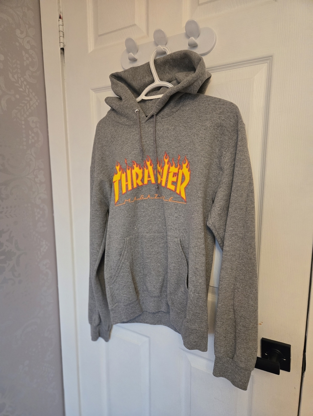 Thrasher Gray Crewneck Hoodie with Flame Logo